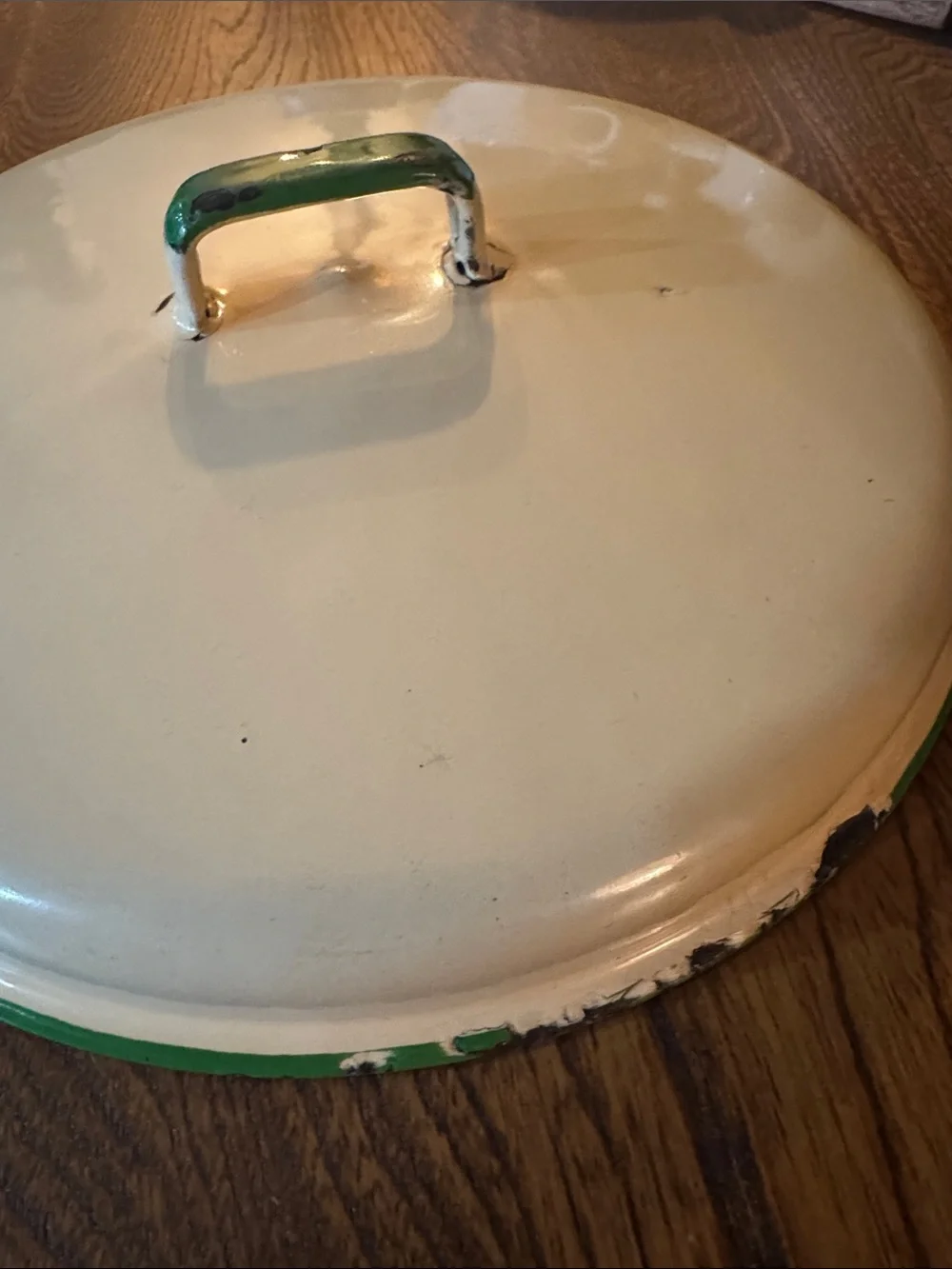 Vintage enamelware pot Cookware Lid cream/green, loop handle, replacement/decor